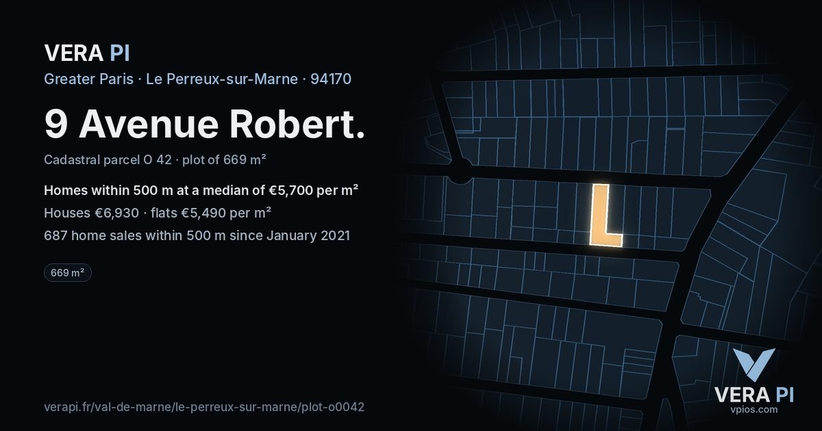 9 Avenue Robert, Le Perreux-sur-Marne at night – the plot lit, the parcels around coloured by the prices near them