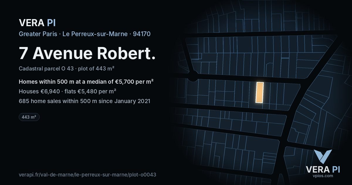 7 Avenue Robert, Le Perreux-sur-Marne at night – the plot lit, the parcels around coloured by the prices near them