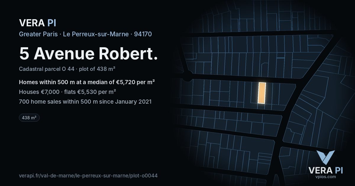 5 Avenue Robert, Le Perreux-sur-Marne at night – the plot lit, the parcels around coloured by the prices near them