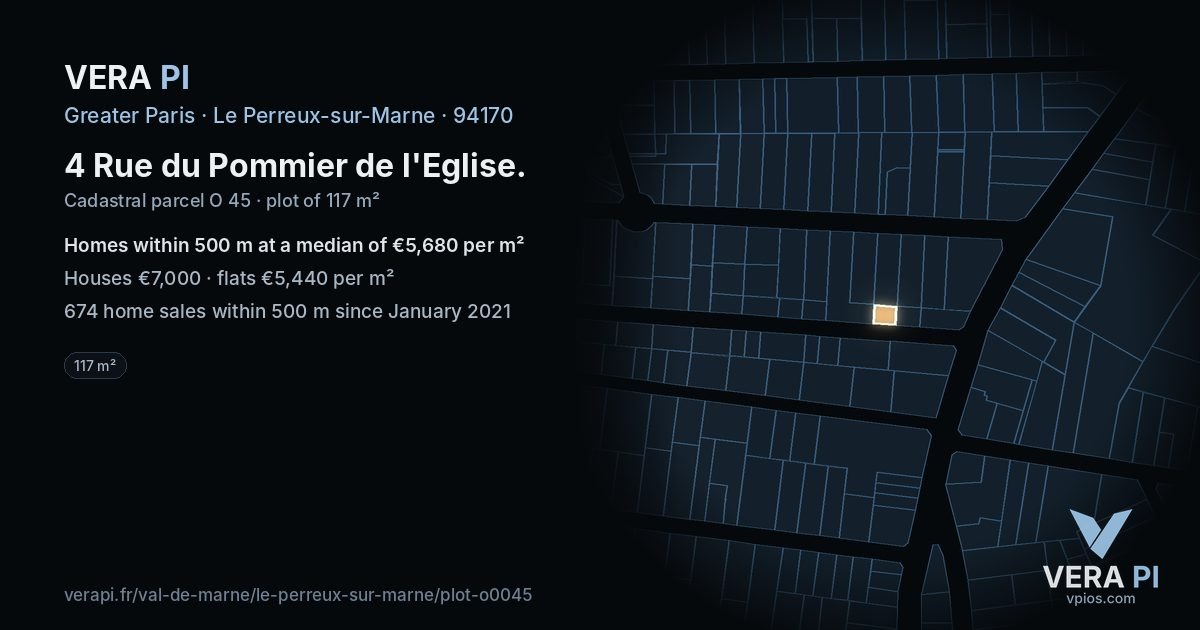 4 Rue du Pommier de l'Eglise, Le Perreux-sur-Marne at night – the plot lit, the parcels around coloured by the prices near them