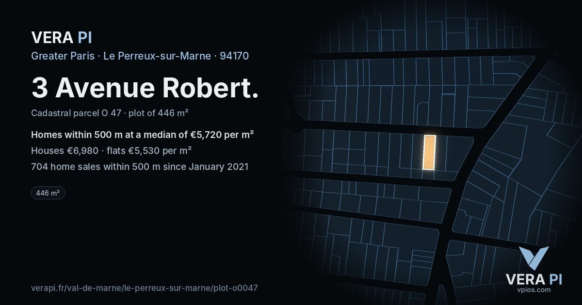 3 Avenue Robert, Le Perreux-sur-Marne at night – the plot lit, the parcels around coloured by the prices near them