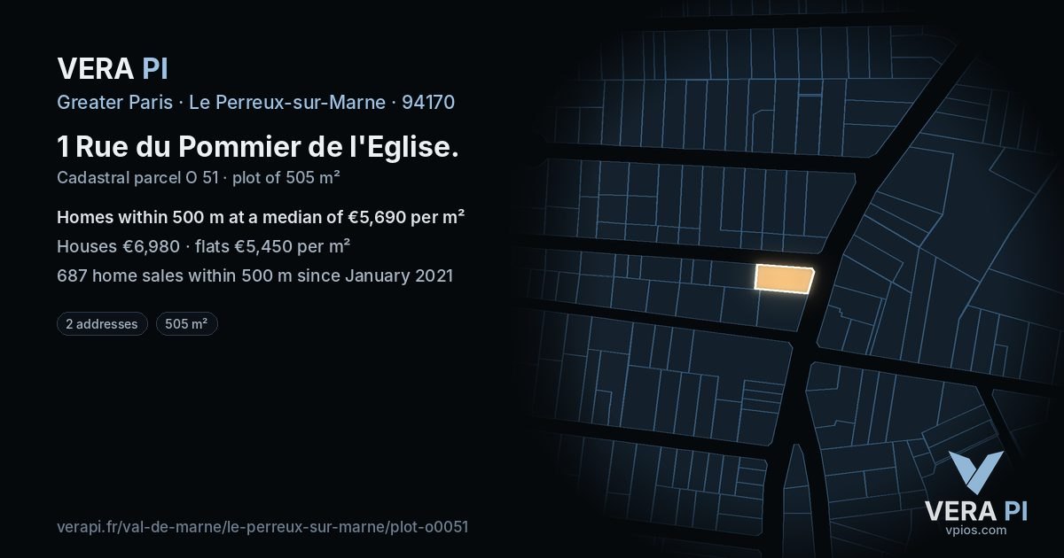 1 Rue du Pommier de l'Eglise, Le Perreux-sur-Marne at night – the plot lit, the parcels around coloured by the prices near them
