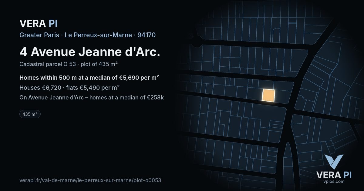 4 Avenue Jeanne d'Arc, Le Perreux-sur-Marne at night – the plot lit, the parcels around coloured by the prices near them