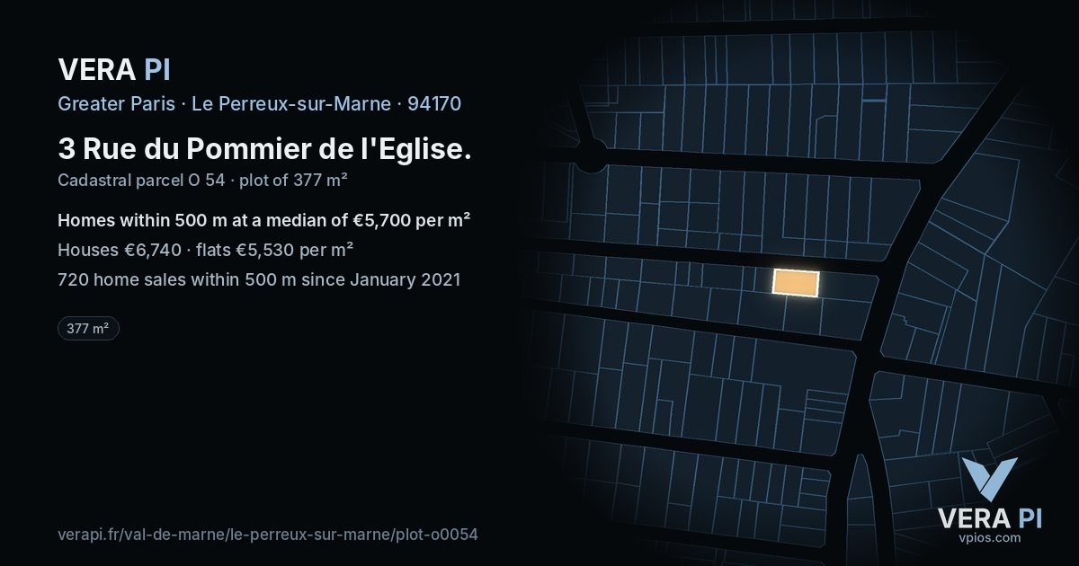 3 Rue du Pommier de l'Eglise, Le Perreux-sur-Marne at night – the plot lit, the parcels around coloured by the prices near them