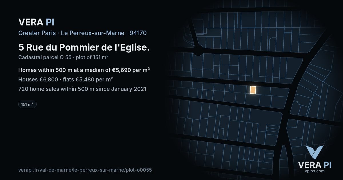 5 Rue du Pommier de l'Eglise, Le Perreux-sur-Marne at night – the plot lit, the parcels around coloured by the prices near them