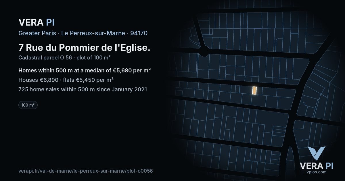 7 Rue du Pommier de l'Eglise, Le Perreux-sur-Marne at night – the plot lit, the parcels around coloured by the prices near them