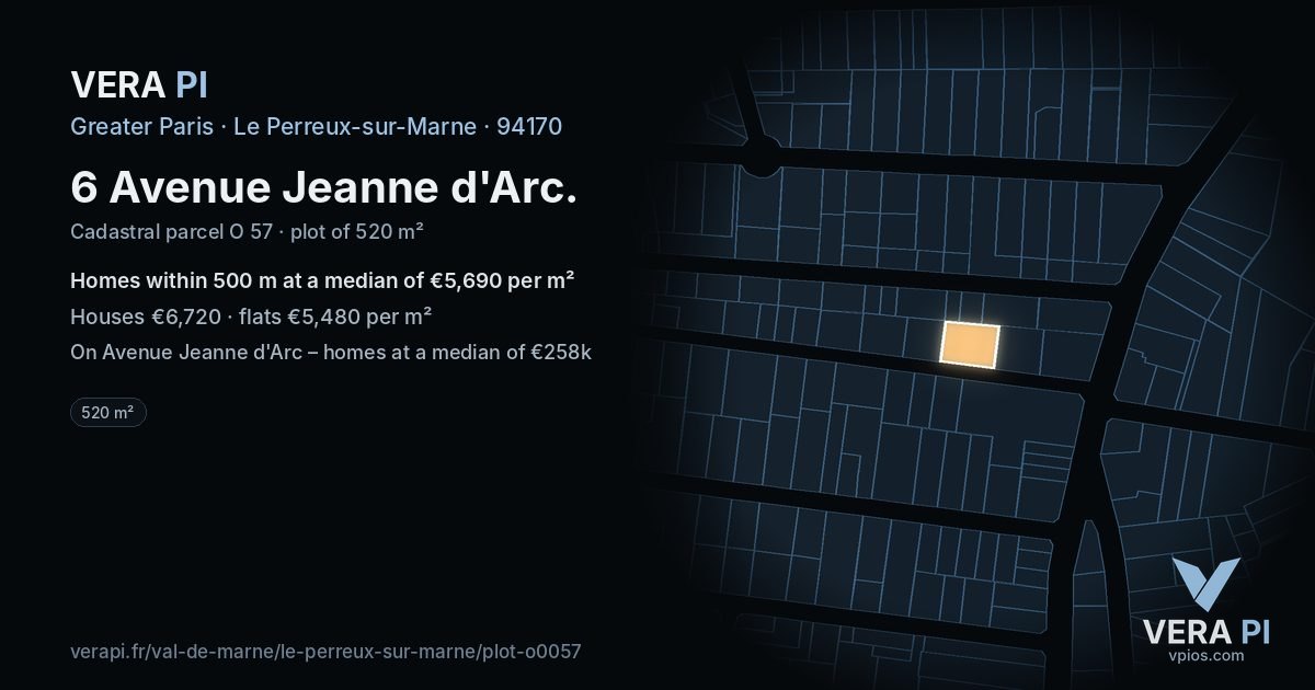 6 Avenue Jeanne d'Arc, Le Perreux-sur-Marne at night – the plot lit, the parcels around coloured by the prices near them