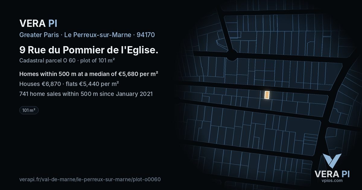 9 Rue du Pommier de l'Eglise, Le Perreux-sur-Marne at night – the plot lit, the parcels around coloured by the prices near them