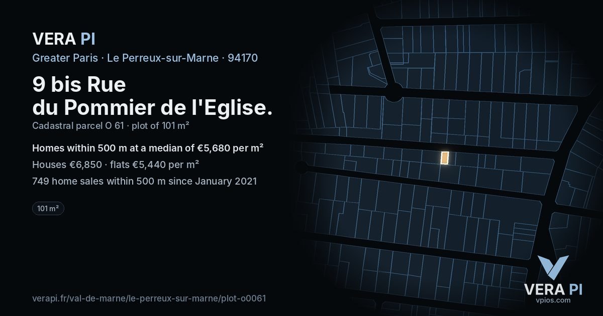 9 bis Rue du Pommier de l'Eglise, Le Perreux-sur-Marne at night – the plot lit, the parcels around coloured by the prices near them