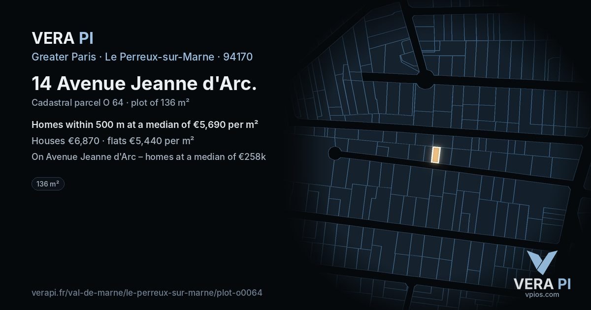 14 Avenue Jeanne d'Arc, Le Perreux-sur-Marne at night – the plot lit, the parcels around coloured by the prices near them
