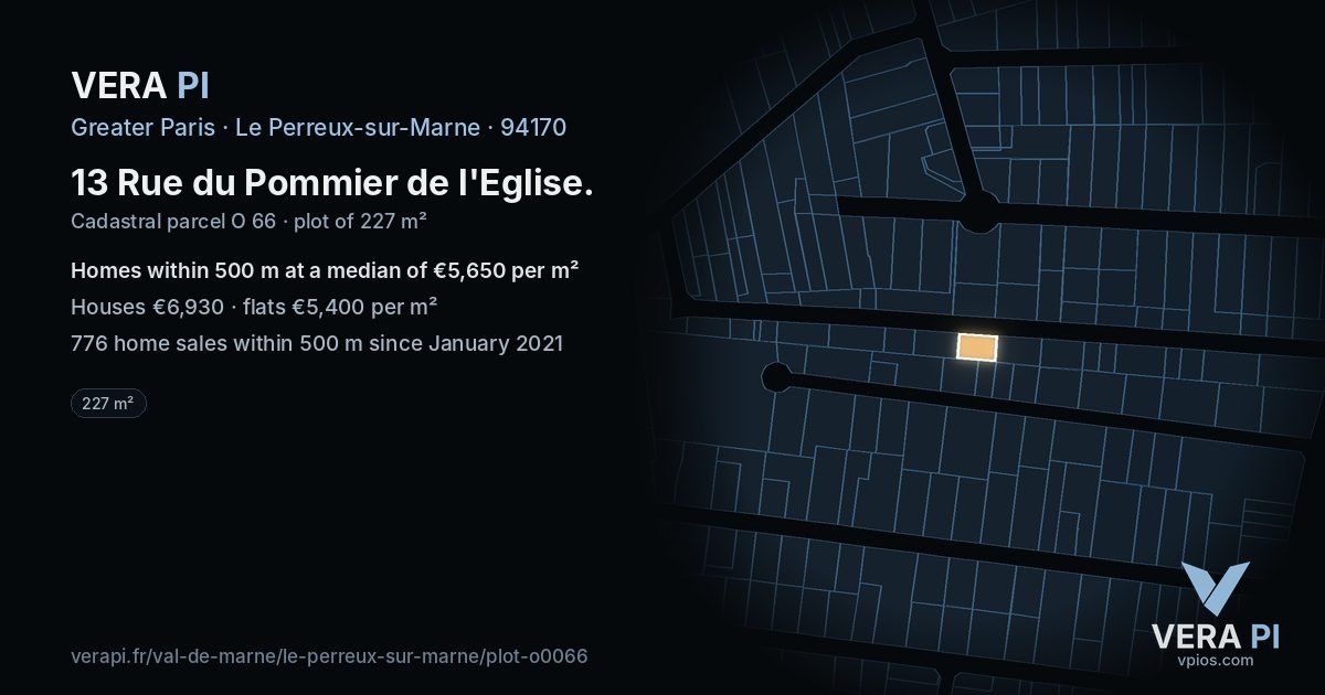 13 Rue du Pommier de l'Eglise, Le Perreux-sur-Marne at night – the plot lit, the parcels around coloured by the prices near them