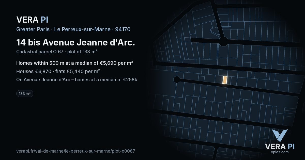 14 bis Avenue Jeanne d'Arc, Le Perreux-sur-Marne at night – the plot lit, the parcels around coloured by the prices near them