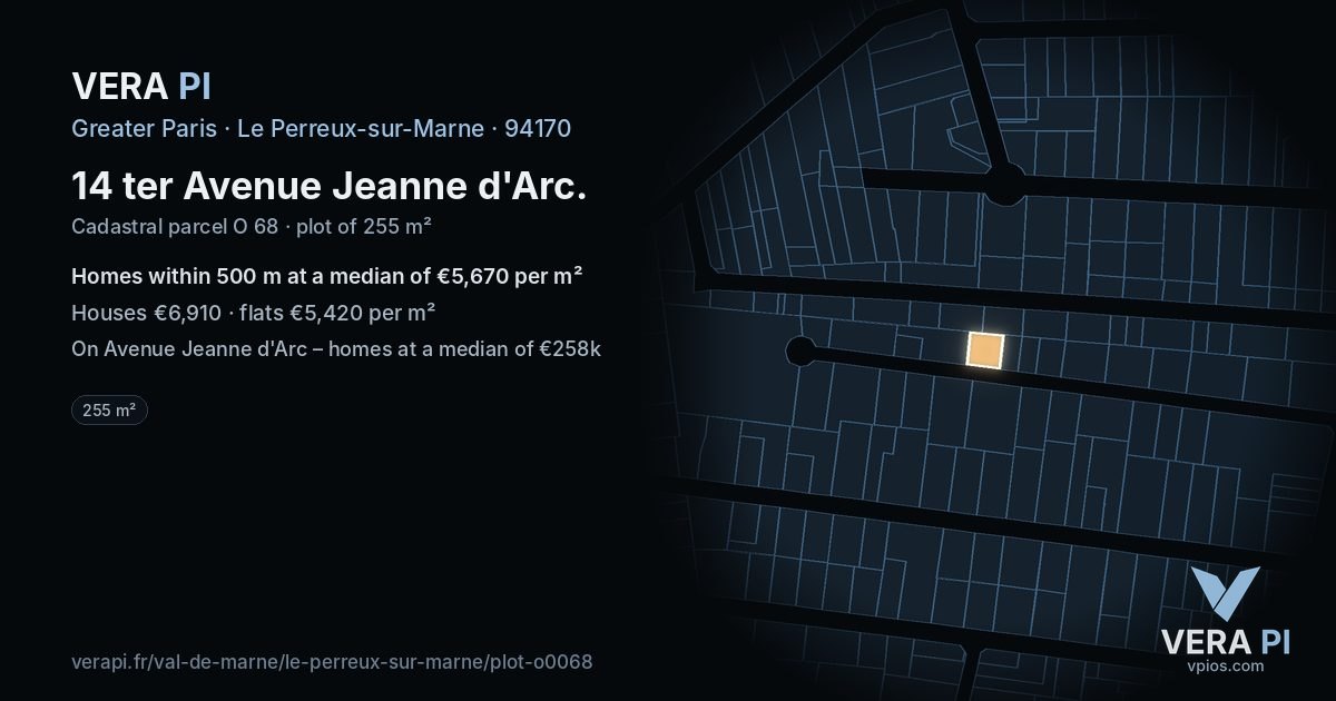 14 ter Avenue Jeanne d'Arc, Le Perreux-sur-Marne at night – the plot lit, the parcels around coloured by the prices near them