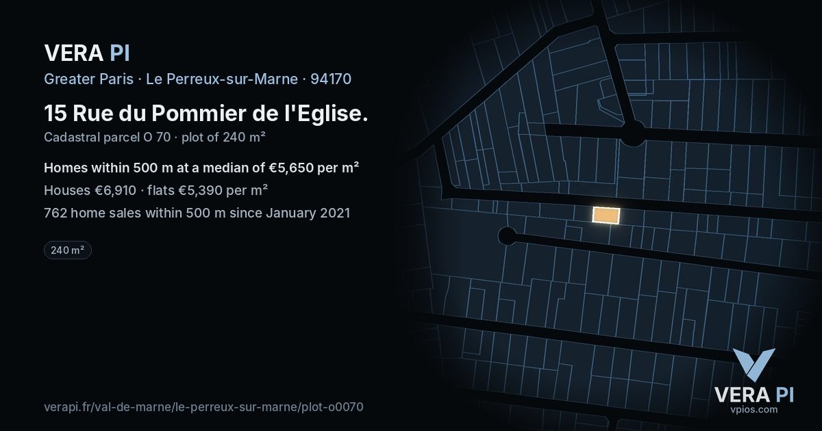 15 Rue du Pommier de l'Eglise, Le Perreux-sur-Marne at night – the plot lit, the parcels around coloured by the prices near them