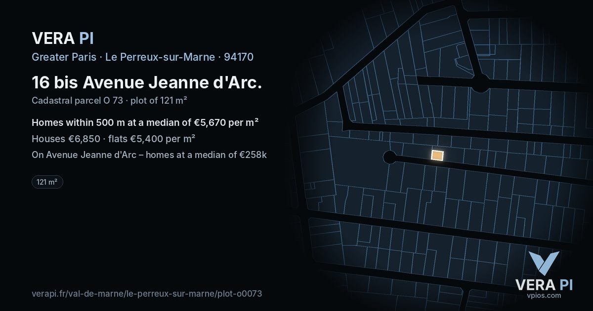 16 bis Avenue Jeanne d'Arc, Le Perreux-sur-Marne at night – the plot lit, the parcels around coloured by the prices near them
