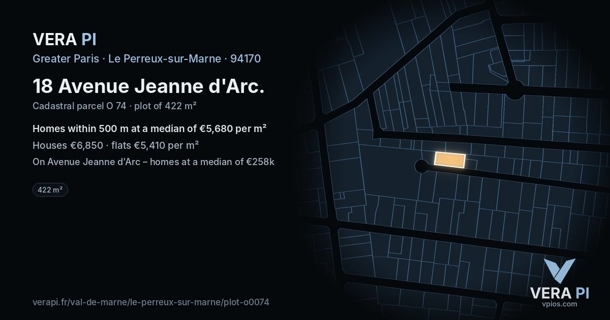 18 Avenue Jeanne d'Arc, Le Perreux-sur-Marne at night – the plot lit, the parcels around coloured by the prices near them