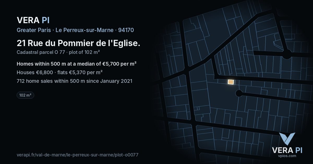 21 Rue du Pommier de l'Eglise, Le Perreux-sur-Marne at night – the plot lit, the parcels around coloured by the prices near them