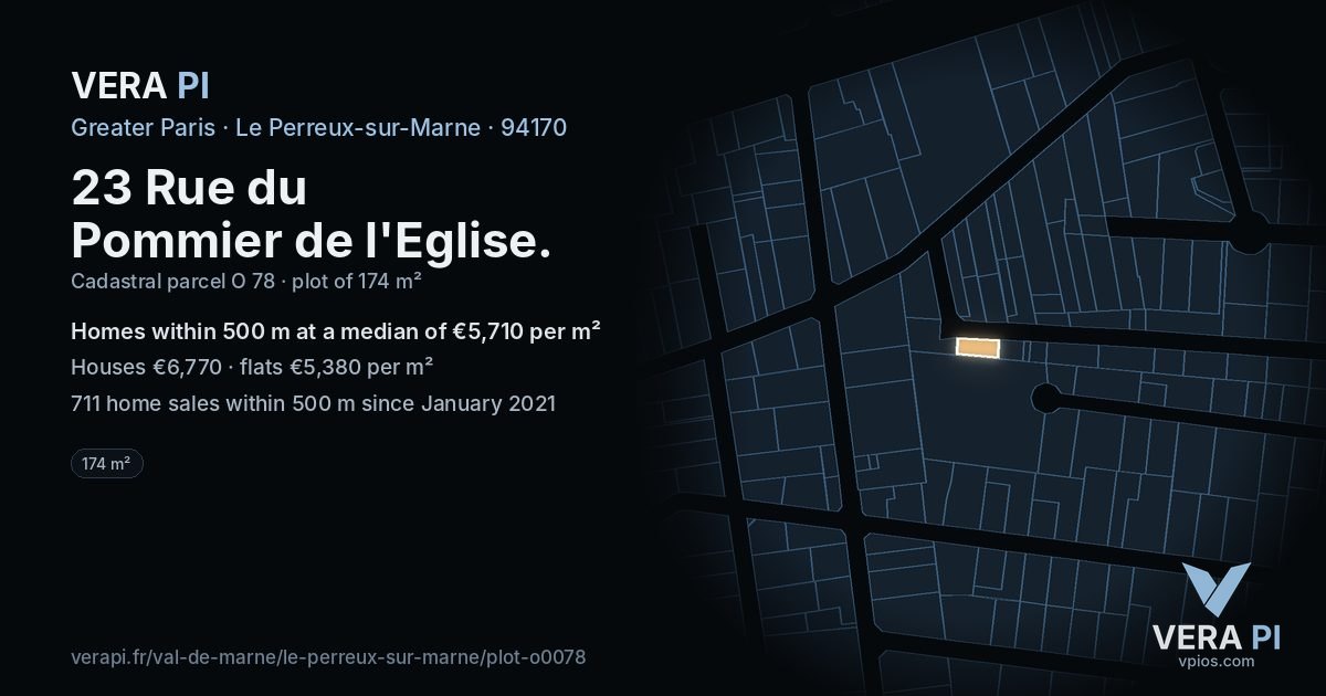 23 Rue du Pommier de l'Eglise, Le Perreux-sur-Marne at night – the plot lit, the parcels around coloured by the prices near them