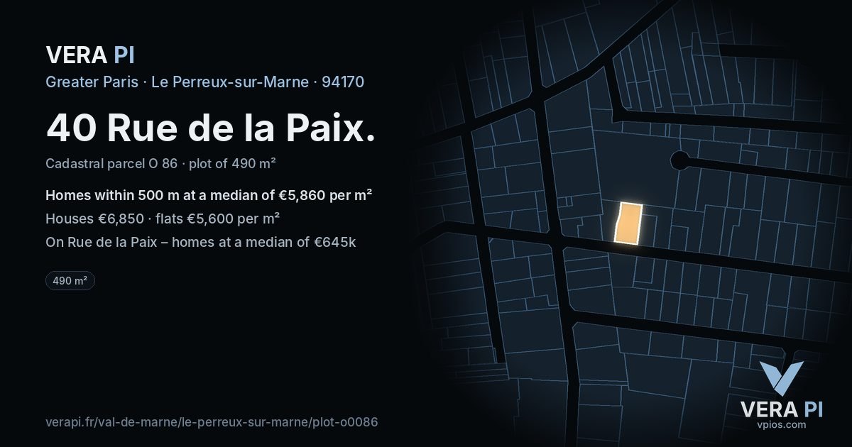 40 Rue de la Paix, Le Perreux-sur-Marne at night – the plot lit, the parcels around coloured by the prices near them