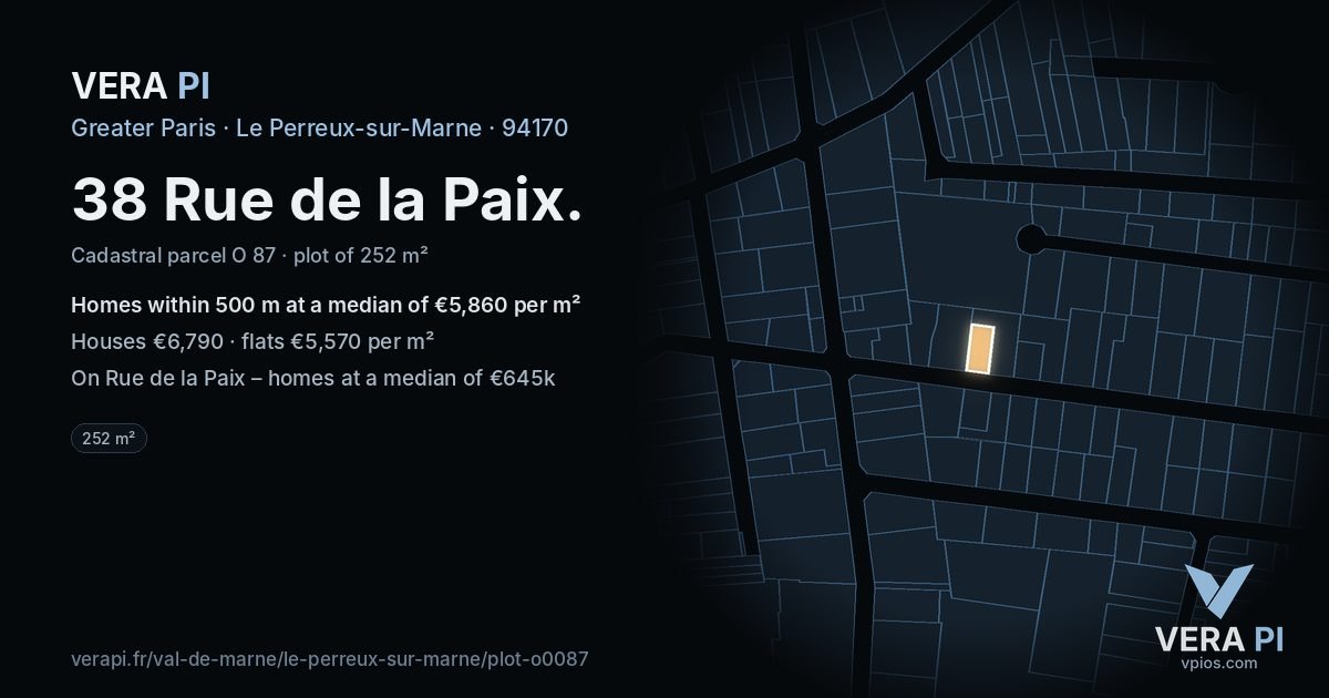 38 Rue de la Paix, Le Perreux-sur-Marne at night – the plot lit, the parcels around coloured by the prices near them