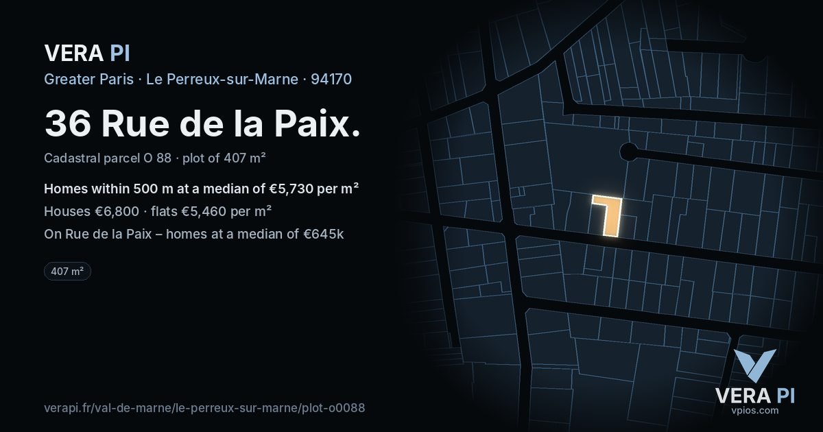 36 Rue de la Paix, Le Perreux-sur-Marne at night – the plot lit, the parcels around coloured by the prices near them