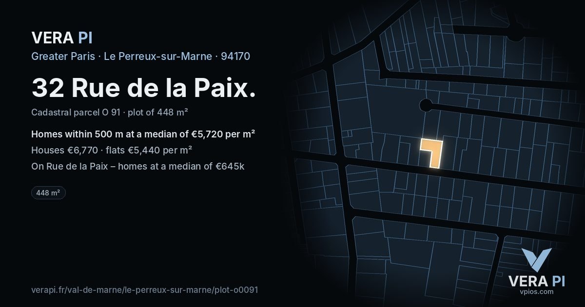 32 Rue de la Paix, Le Perreux-sur-Marne at night – the plot lit, the parcels around coloured by the prices near them