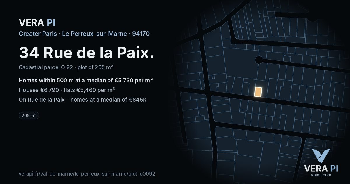 34 Rue de la Paix, Le Perreux-sur-Marne at night – the plot lit, the parcels around coloured by the prices near them