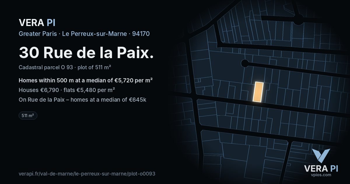 30 Rue de la Paix, Le Perreux-sur-Marne at night – the plot lit, the parcels around coloured by the prices near them