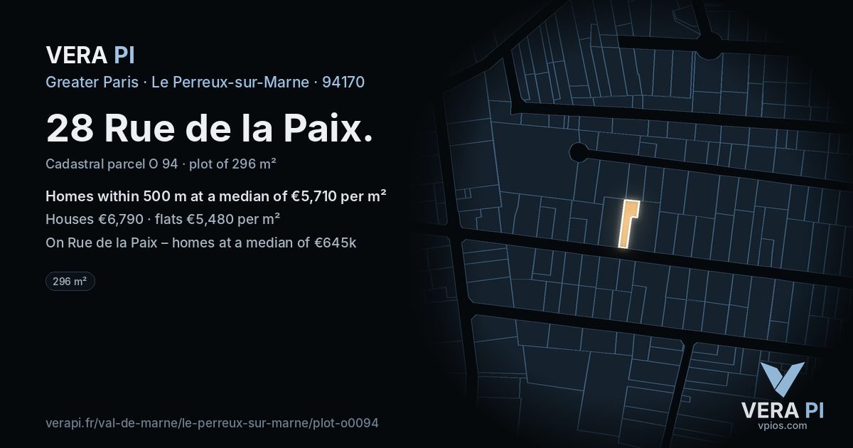 28 Rue de la Paix, Le Perreux-sur-Marne at night – the plot lit, the parcels around coloured by the prices near them