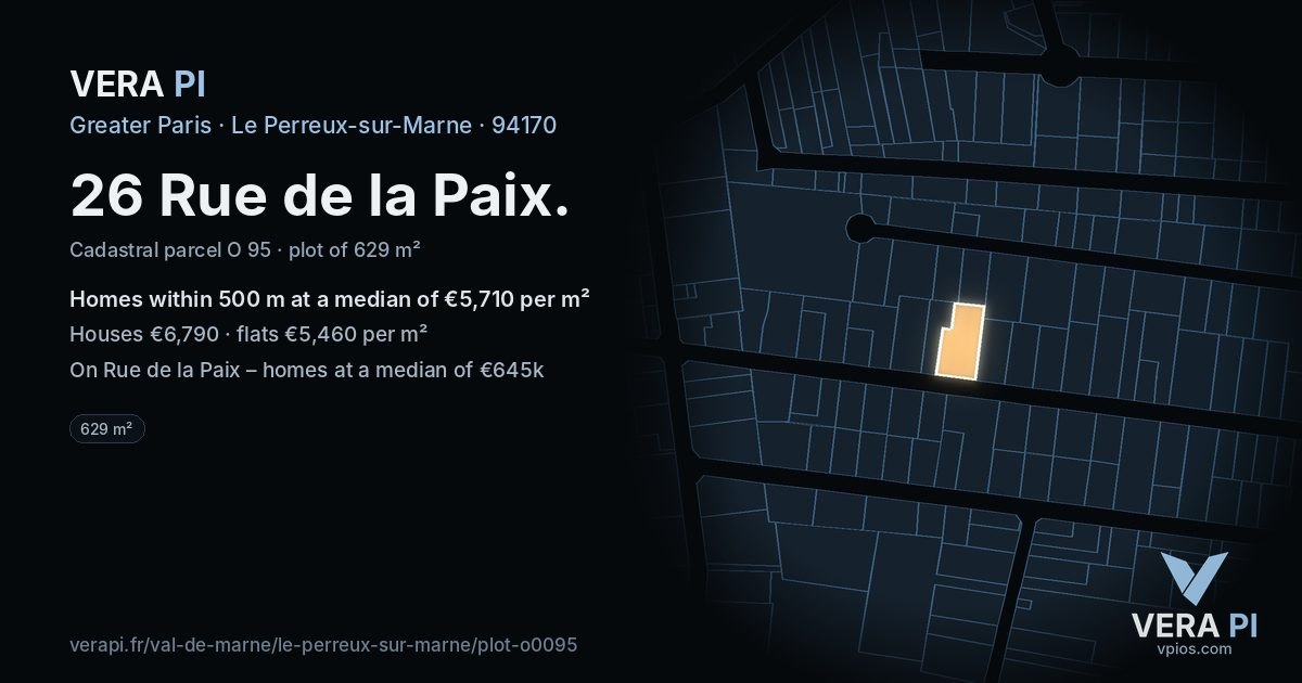 26 Rue de la Paix, Le Perreux-sur-Marne at night – the plot lit, the parcels around coloured by the prices near them
