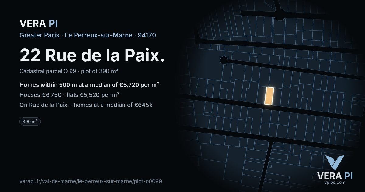 22 Rue de la Paix, Le Perreux-sur-Marne at night – the plot lit, the parcels around coloured by the prices near them