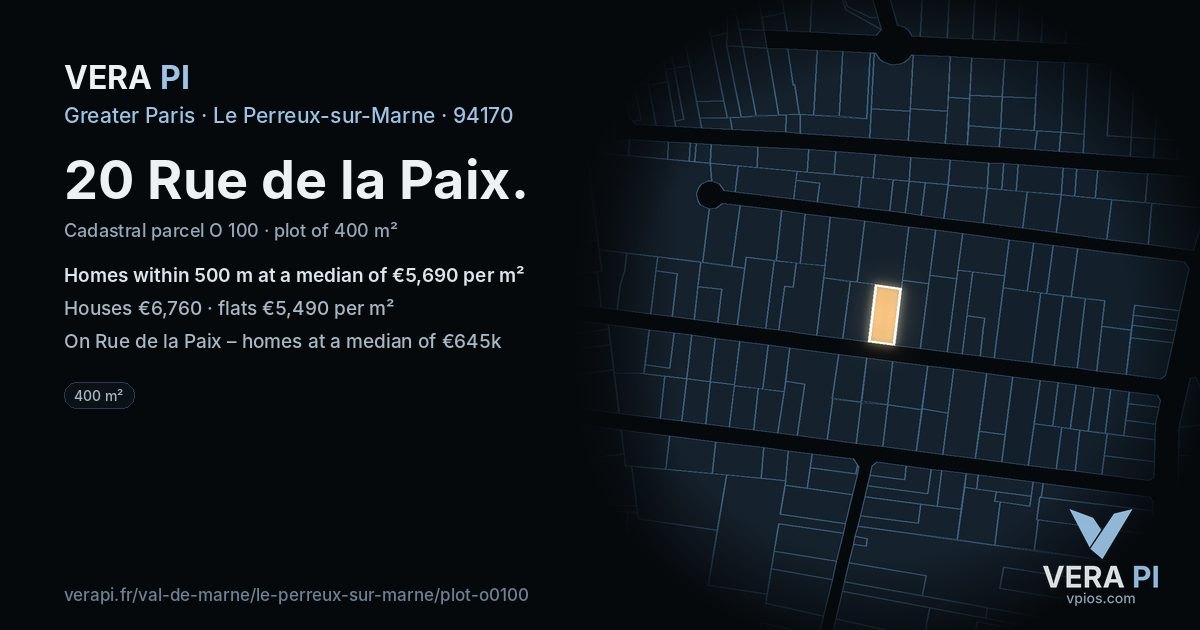 20 Rue de la Paix, Le Perreux-sur-Marne at night – the plot lit, the parcels around coloured by the prices near them
