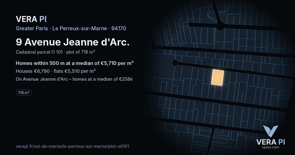 9 Avenue Jeanne d'Arc, Le Perreux-sur-Marne at night – the plot lit, the parcels around coloured by the prices near them