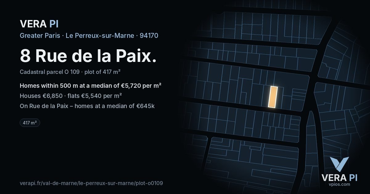 8 Rue de la Paix, Le Perreux-sur-Marne at night – the plot lit, the parcels around coloured by the prices near them