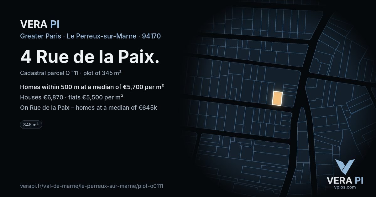 4 Rue de la Paix, Le Perreux-sur-Marne at night – the plot lit, the parcels around coloured by the prices near them