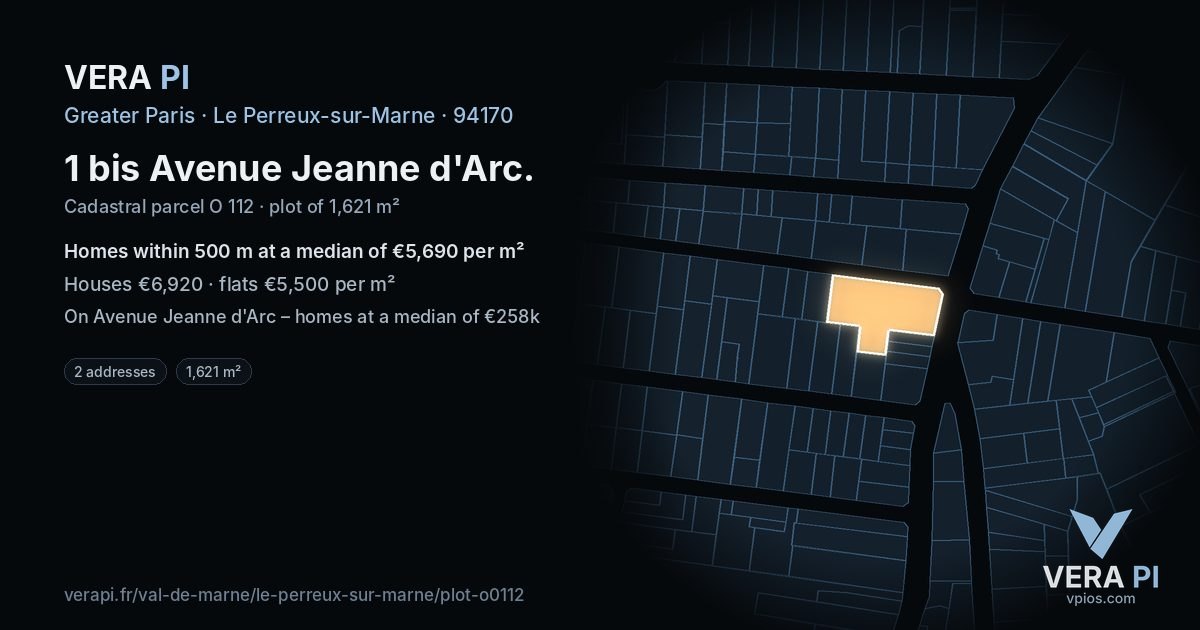 1 bis Avenue Jeanne d'Arc, Le Perreux-sur-Marne at night – the plot lit, the parcels around coloured by the prices near them