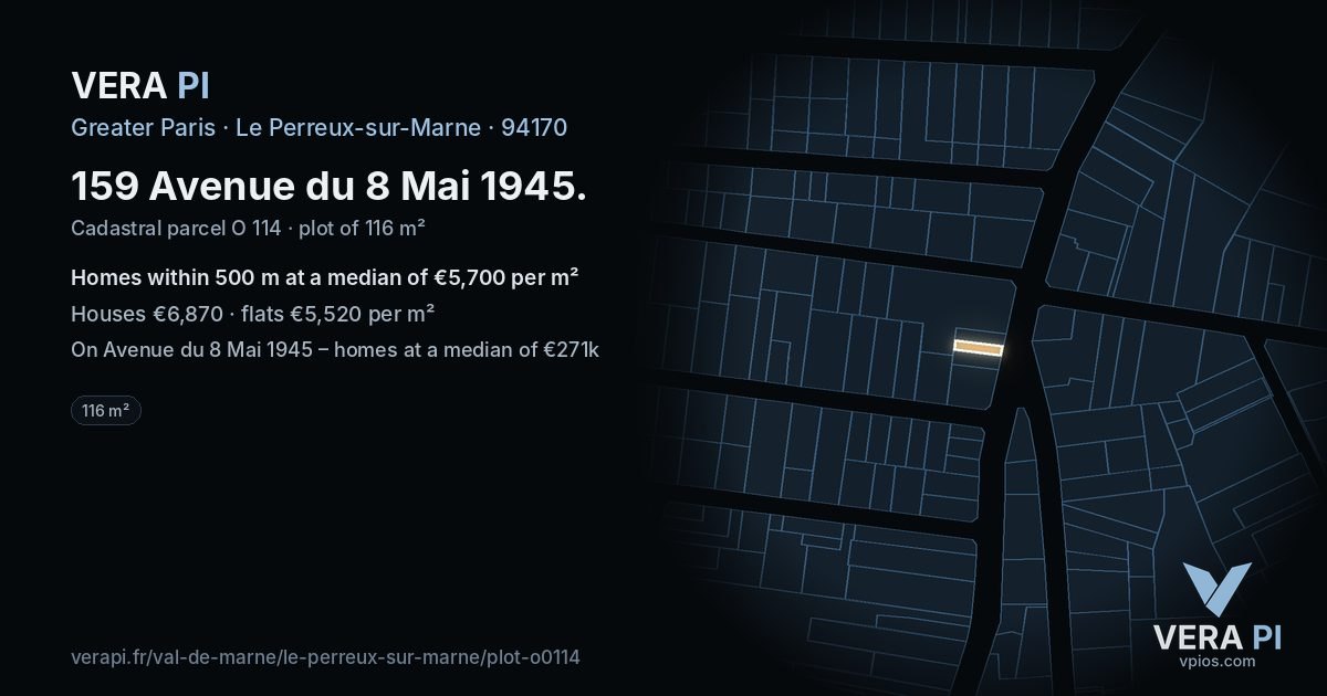 159 Avenue du 8 Mai 1945, Le Perreux-sur-Marne at night – the plot lit, the parcels around coloured by the prices near them