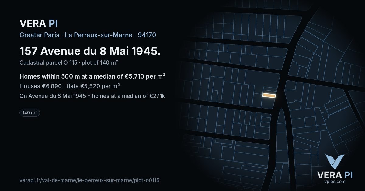 157 Avenue du 8 Mai 1945, Le Perreux-sur-Marne at night – the plot lit, the parcels around coloured by the prices near them