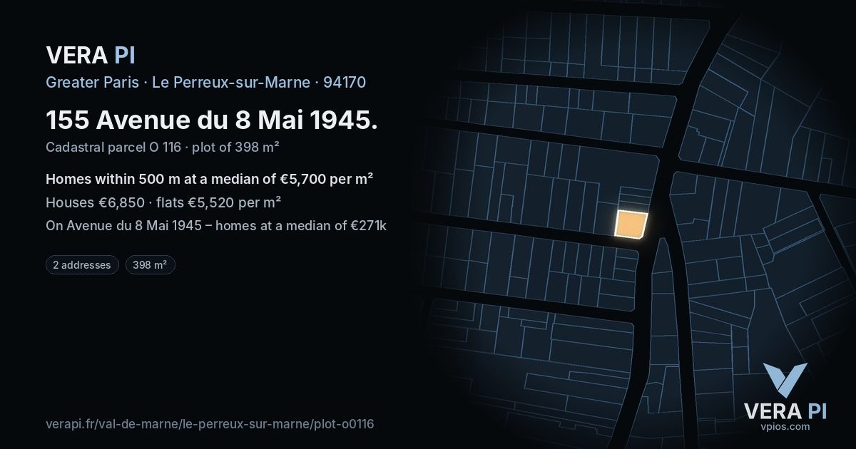 155 Avenue du 8 Mai 1945, Le Perreux-sur-Marne at night – the plot lit, the parcels around coloured by the prices near them