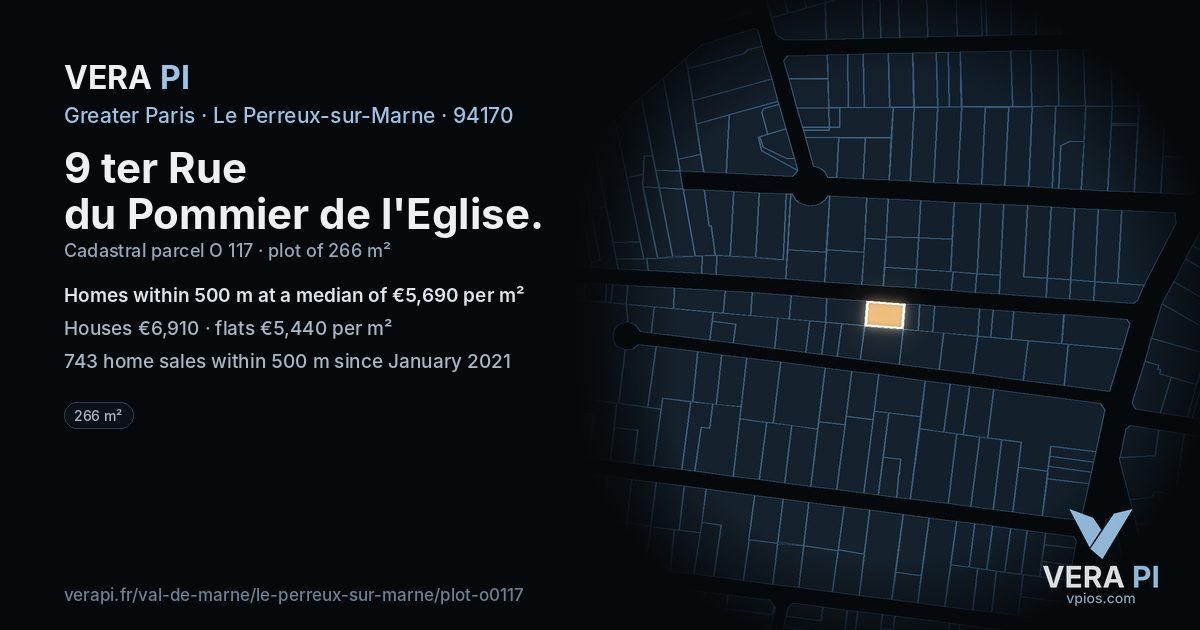 9 ter Rue du Pommier de l'Eglise, Le Perreux-sur-Marne at night – the plot lit, the parcels around coloured by the prices near them
