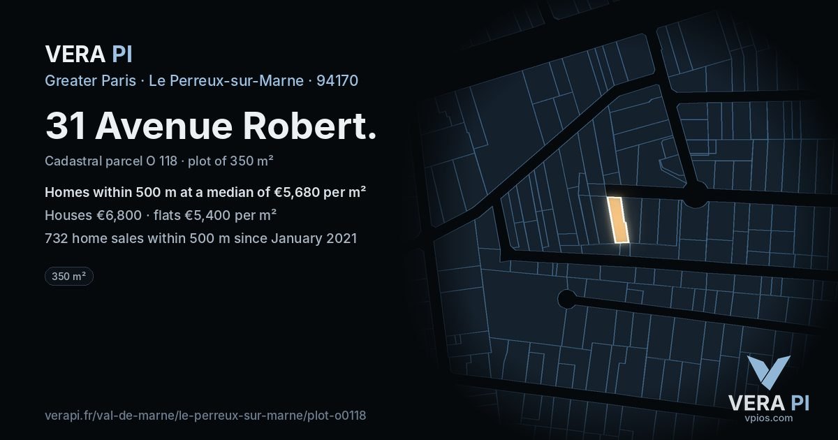 31 Avenue Robert, Le Perreux-sur-Marne at night – the plot lit, the parcels around coloured by the prices near them