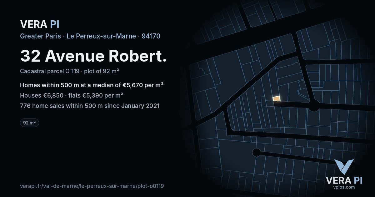 32 Avenue Robert, Le Perreux-sur-Marne at night – the plot lit, the parcels around coloured by the prices near them