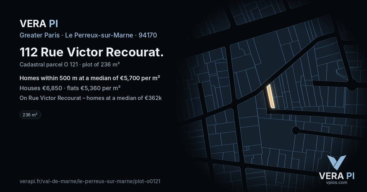 112 Rue Victor Recourat, Le Perreux-sur-Marne at night – the plot lit, the parcels around coloured by the prices near them
