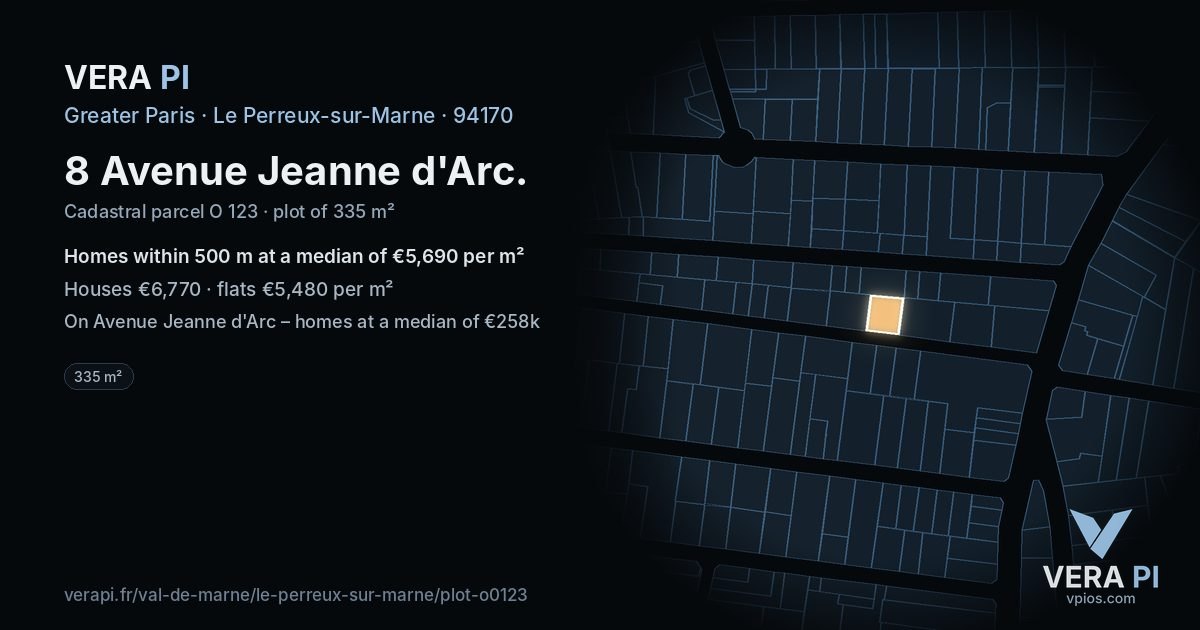 8 Avenue Jeanne d'Arc, Le Perreux-sur-Marne at night – the plot lit, the parcels around coloured by the prices near them