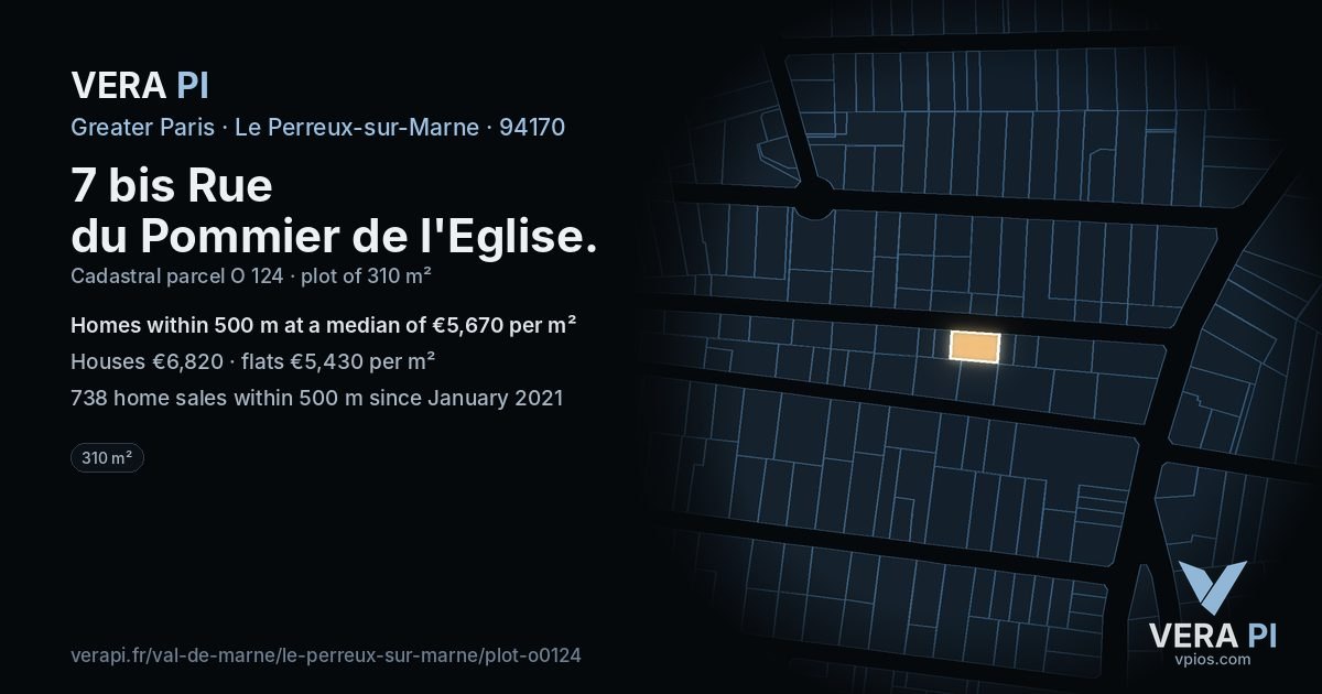 7 bis Rue du Pommier de l'Eglise, Le Perreux-sur-Marne at night – the plot lit, the parcels around coloured by the prices near them