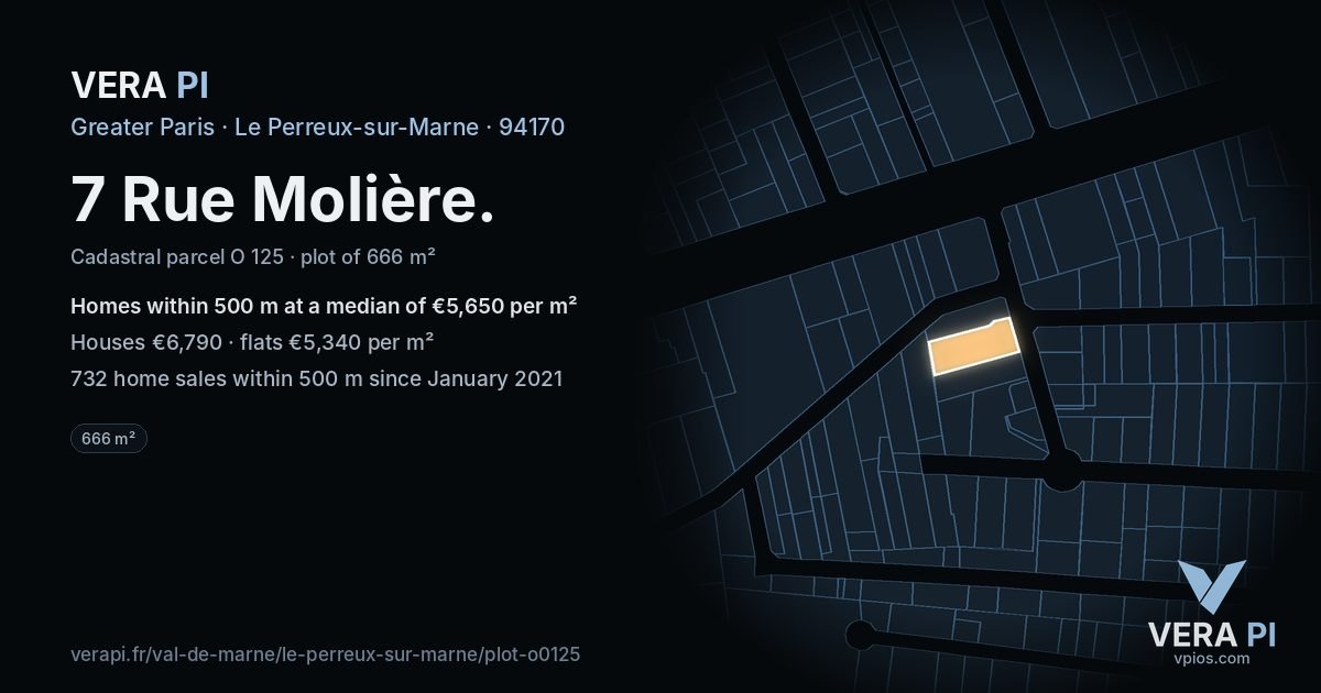 7 Rue Molière, Le Perreux-sur-Marne at night – the plot lit, the parcels around coloured by the prices near them