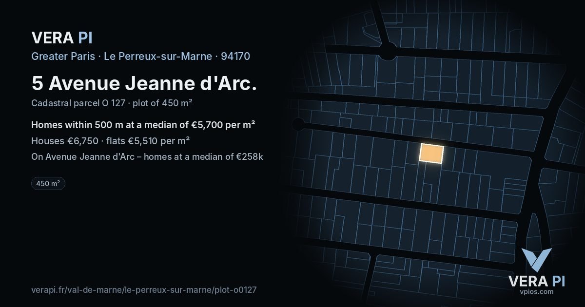 5 Avenue Jeanne d'Arc, Le Perreux-sur-Marne at night – the plot lit, the parcels around coloured by the prices near them