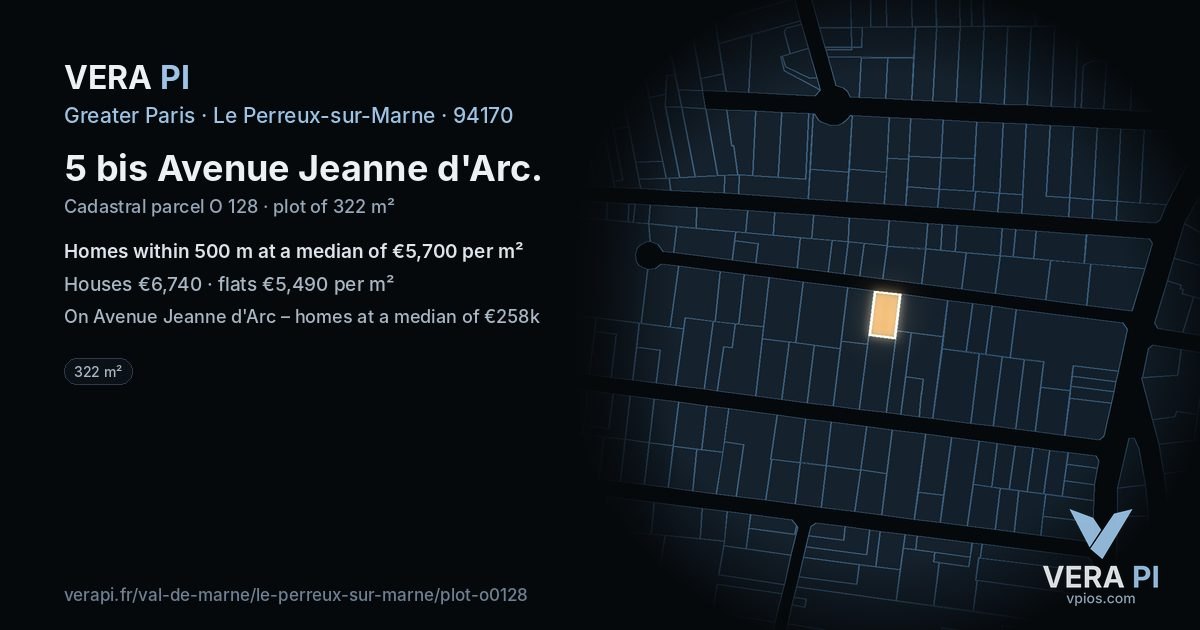 5 bis Avenue Jeanne d'Arc, Le Perreux-sur-Marne at night – the plot lit, the parcels around coloured by the prices near them