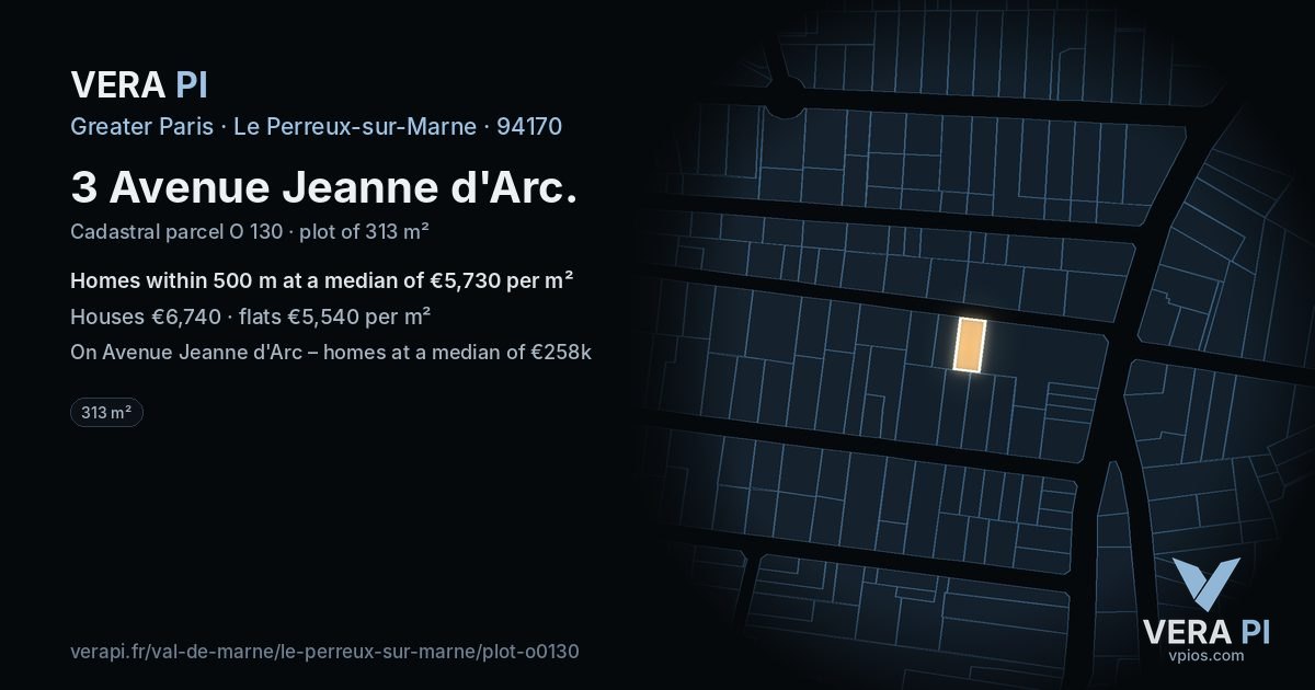 3 Avenue Jeanne d'Arc, Le Perreux-sur-Marne at night – the plot lit, the parcels around coloured by the prices near them