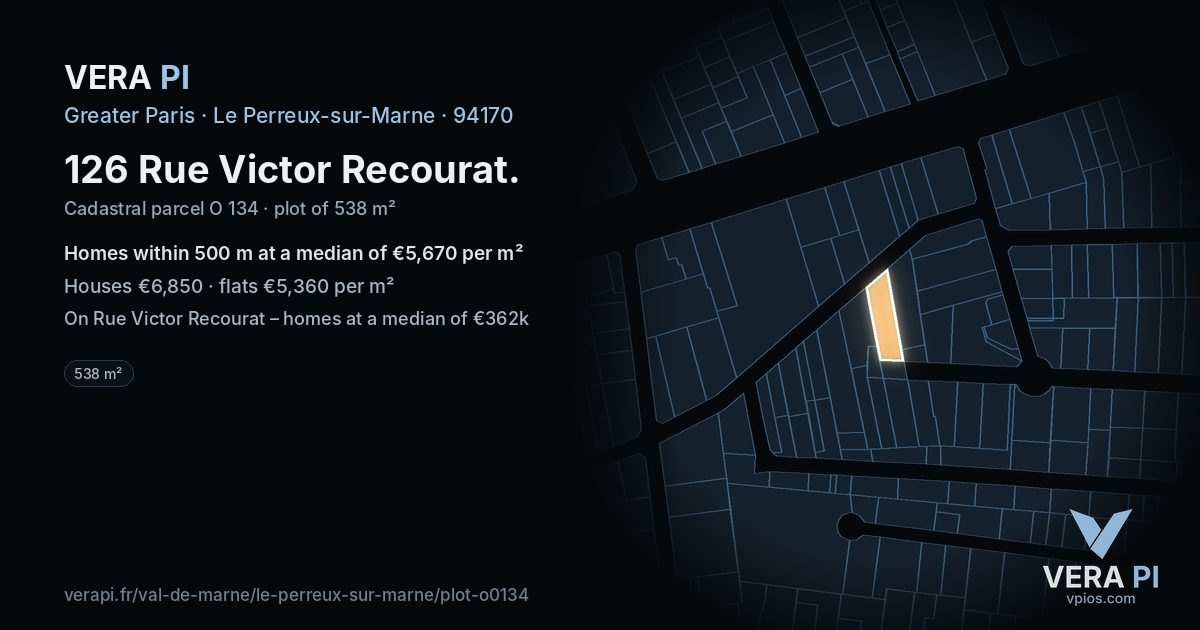 126 Rue Victor Recourat, Le Perreux-sur-Marne at night – the plot lit, the parcels around coloured by the prices near them